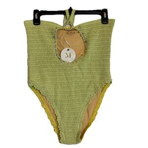 NWT Maiyo Crochet Knit Swimsuit Med Keyhole Bathing Boho Feminine Beach Two-Tone